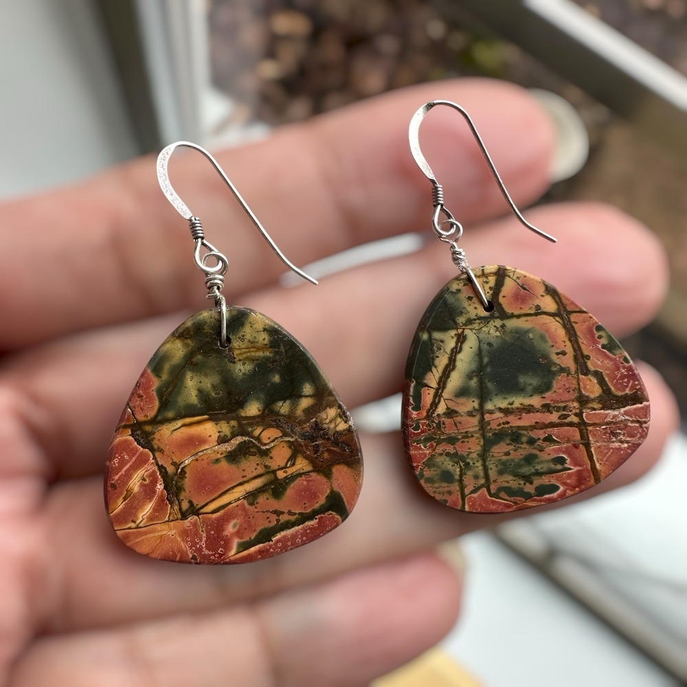 VTG Hook Dangle Earrings 1.6 Inch Red Cherry Creek Jasper 925 Sterling 7.2g